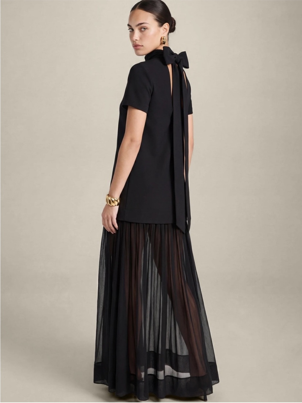 NWOT O.P.T Elowen Flowy Chiffon Black Maxi Back Bow Dress - Size Medium
